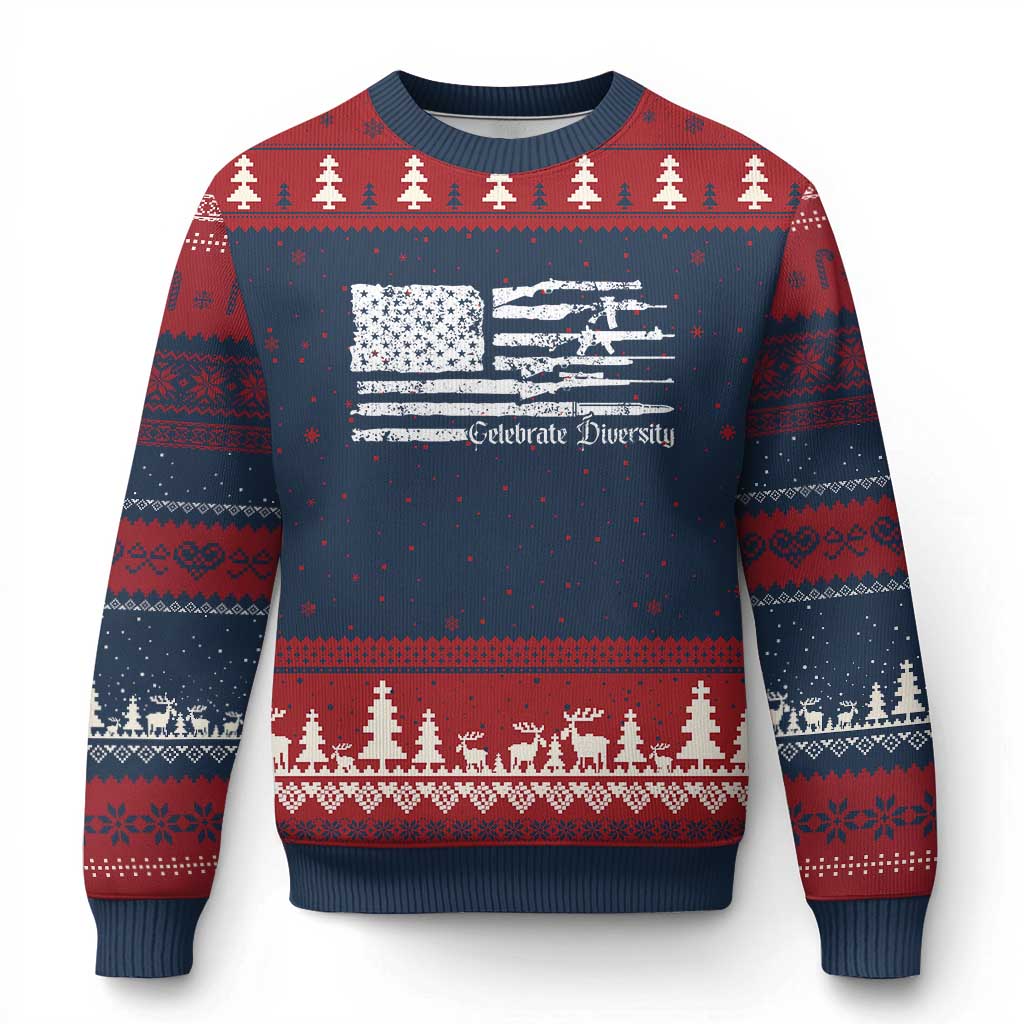 Funny Pro Gun Celebrate Diversity Ugly Christmas Sweater 2nd Amendment Vintage American Flag - Print Your Wear