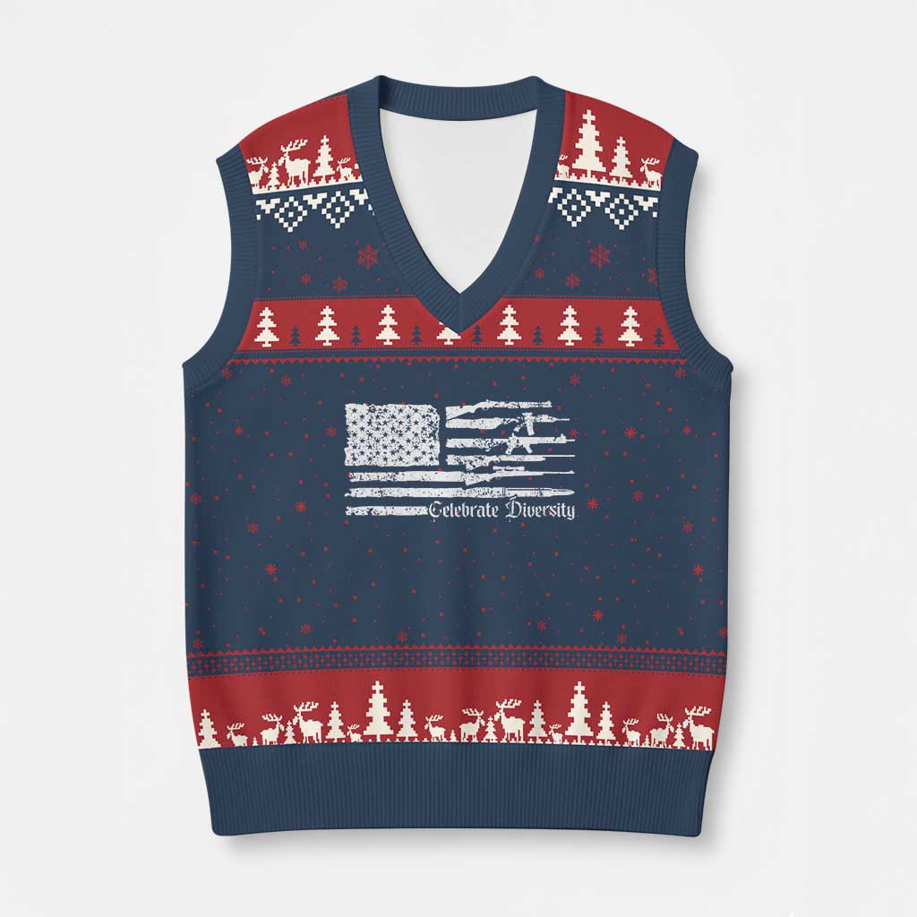 Funny Pro Gun Celebrate Diversity V-Neck Knit Sweater Vest 2nd Amendment Vintage American Flag - Print Your Wear