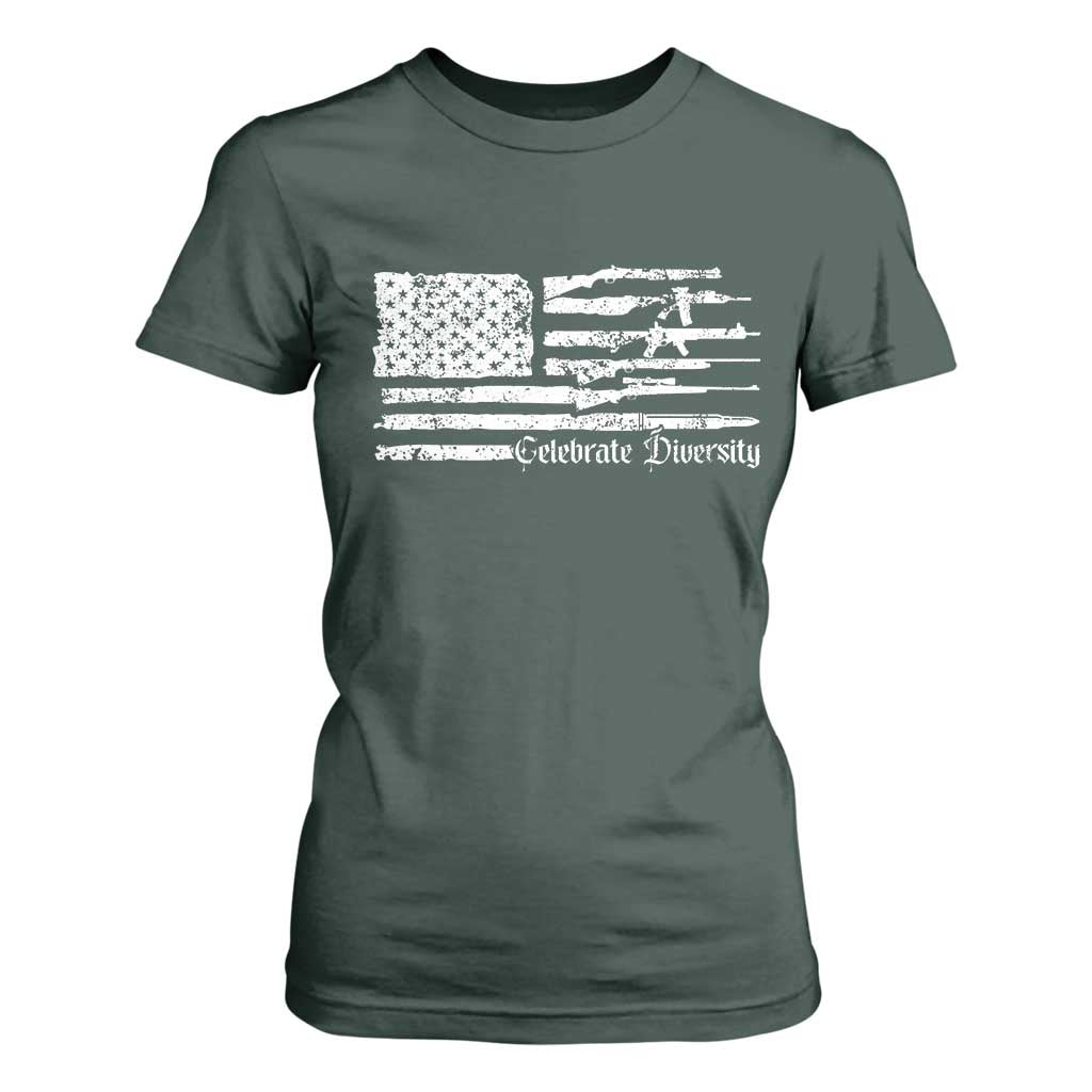 Funny Pro Gun Celebrate Diversity T Shirt For Women 2nd Amendment Vintage American Flag TS11 Dark Forest Green Print Your Wear