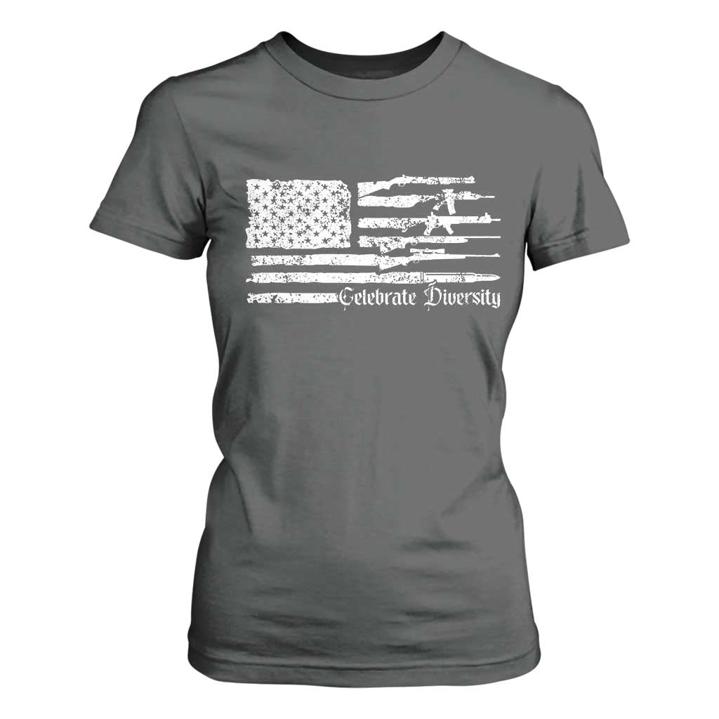 Funny Pro Gun Celebrate Diversity T Shirt For Women 2nd Amendment Vintage American Flag TS11 Dark Heather Print Your Wear