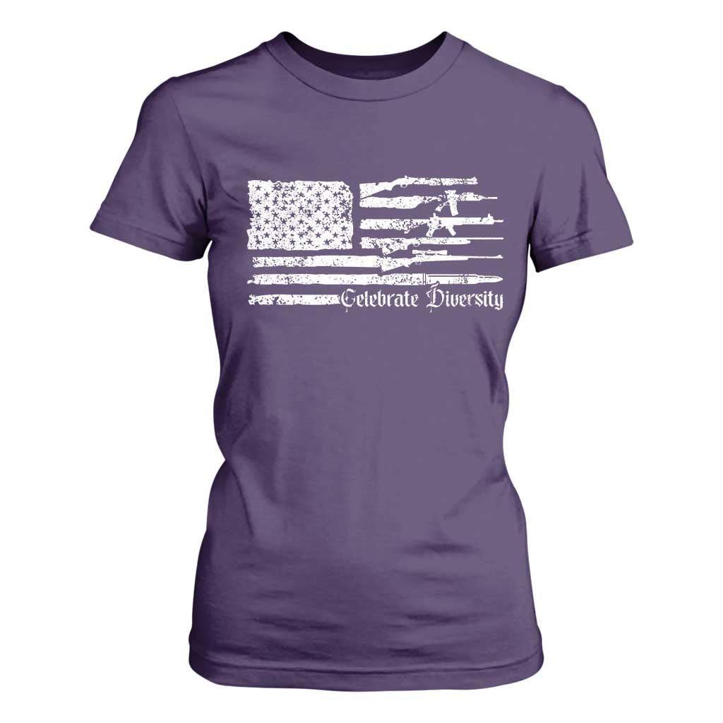 Funny Pro Gun Celebrate Diversity T Shirt For Women 2nd Amendment Vintage American Flag TS11 Purple Print Your Wear
