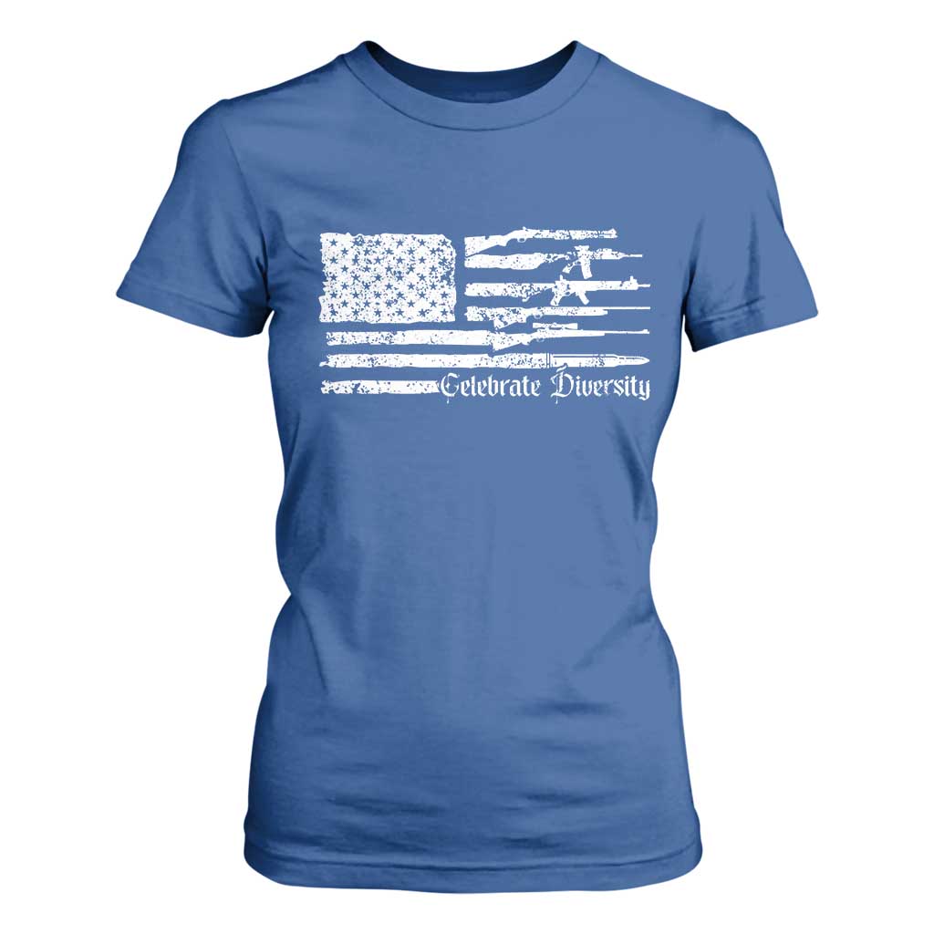 Funny Pro Gun Celebrate Diversity T Shirt For Women 2nd Amendment Vintage American Flag TS11 Royal Blue Print Your Wear