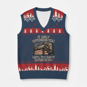 It Only Offends You Until The Day It Defends You V-Neck Knit Sweater Vest Pro Gun American Flag TS11 Navy Red Print Your Wear