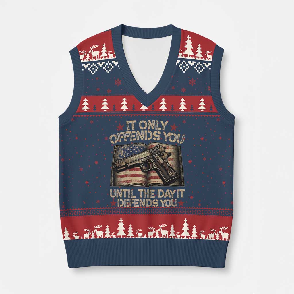 It Only Offends You Until The Day It Defends You V-Neck Knit Sweater Vest Pro Gun American Flag - Print Your Wear