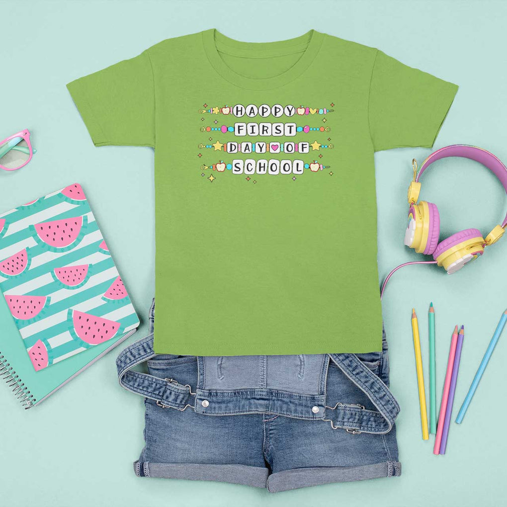 Happy First Day Of School T Shirt For Kid Student Teacher Bracelet Retro Groove TS11 Lime Print Your Wear