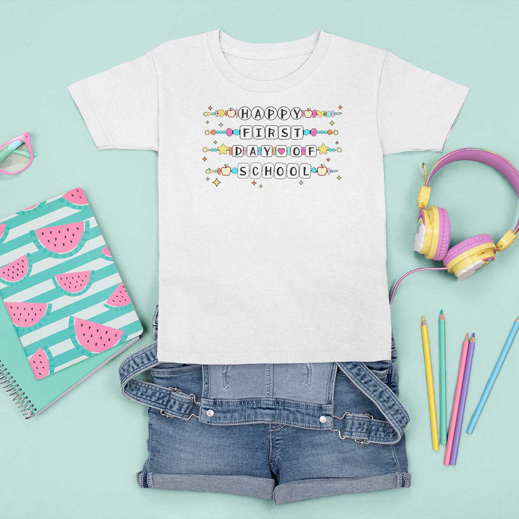 Happy First Day Of School T Shirt For Kid Student Teacher Bracelet Retro Groove TS11 White Print Your Wear