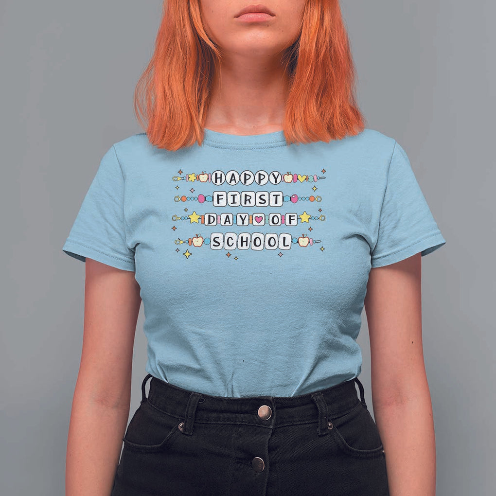 Happy First Day Of School T Shirt For Women Student Teacher Bracelet Retro Groove TS11 Light Blue Print Your Wear