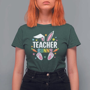 Teacher Bunny T Shirt For Women Rabbit Ears Easter Day Carrot Star Heart TS11 Dark Forest Green Print Your Wear