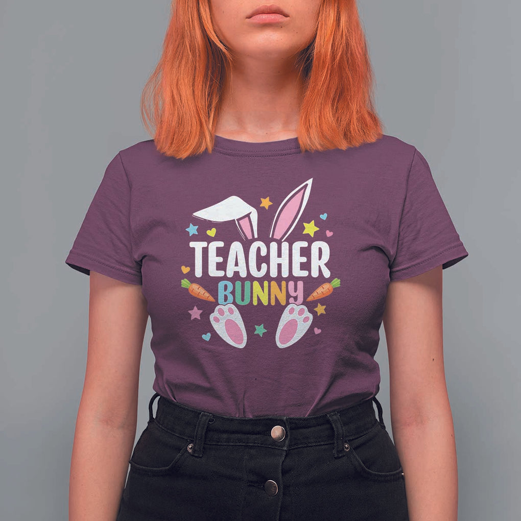 Teacher Bunny T Shirt For Women Rabbit Ears Easter Day Carrot Star Heart TS11 Maroon Print Your Wear