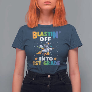 Funny Back To School Space T Shirt For Women Blastin' Off Into 1st Grade Astronaut Rocket TS11 Navy Print Your Wear