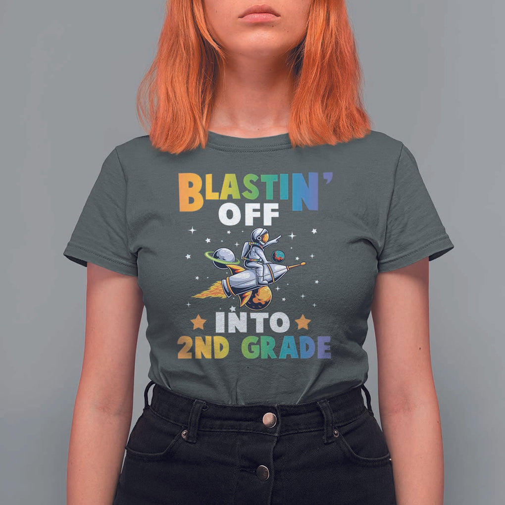 Funny Back To School Space T Shirt For Women Blastin' Off Into 2nd Grade Astronaut Rocket TS11 Dark Heather Print Your Wear
