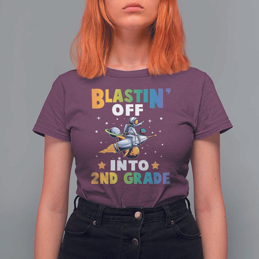 Funny Back To School Space T Shirt For Women Blastin' Off Into 2nd Grade Astronaut Rocket TS11 Maroon Print Your Wear