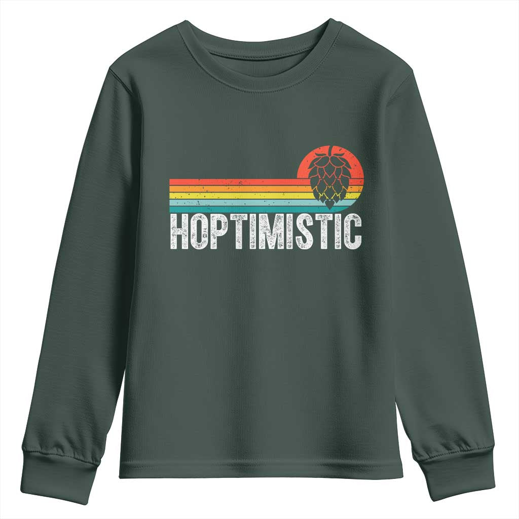 Funny Hops Craft Beer Lover Youth Sweatshirt Hoptimistic Retro Vintage Home Brewing TS11 Dark Forest Green Print Your Wear
