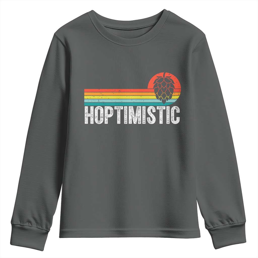 Funny Hops Craft Beer Lover Youth Sweatshirt Hoptimistic Retro Vintage Home Brewing TS11 Dark Heather Print Your Wear