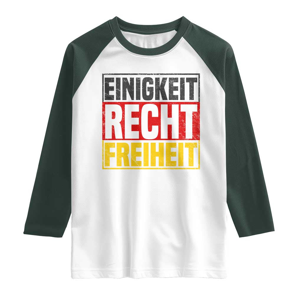 Proud Germany Raglan Shirt Einigkeit Recht Freiheit German Flag TS11 White Dark Forest Green Print Your Wear
