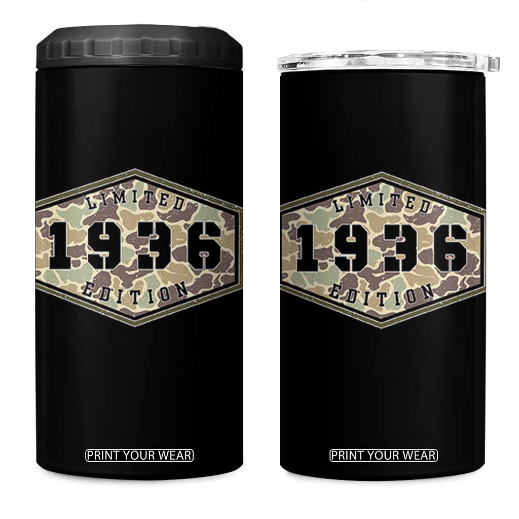 90th Birthday Hunting 4 in 1 Can Cooler Tumbler 1936 Limited Edition Vintage Camouflage Gifts For Turning 90