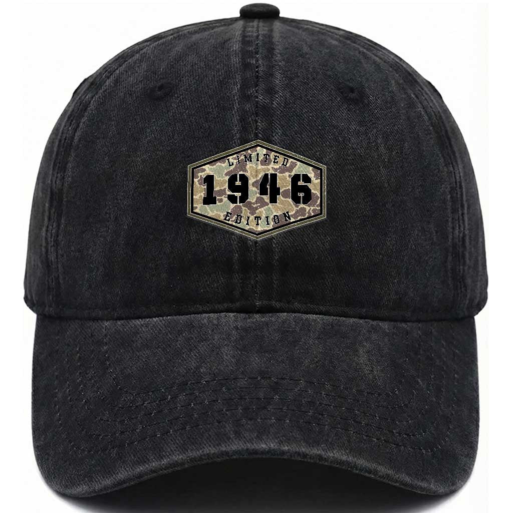80th Birthday Hunting Washed Cotton Baseball Cap 1946 Limited Edition Vintage Camouflage Gifts For Turning 80 TS11 Print Your Wear