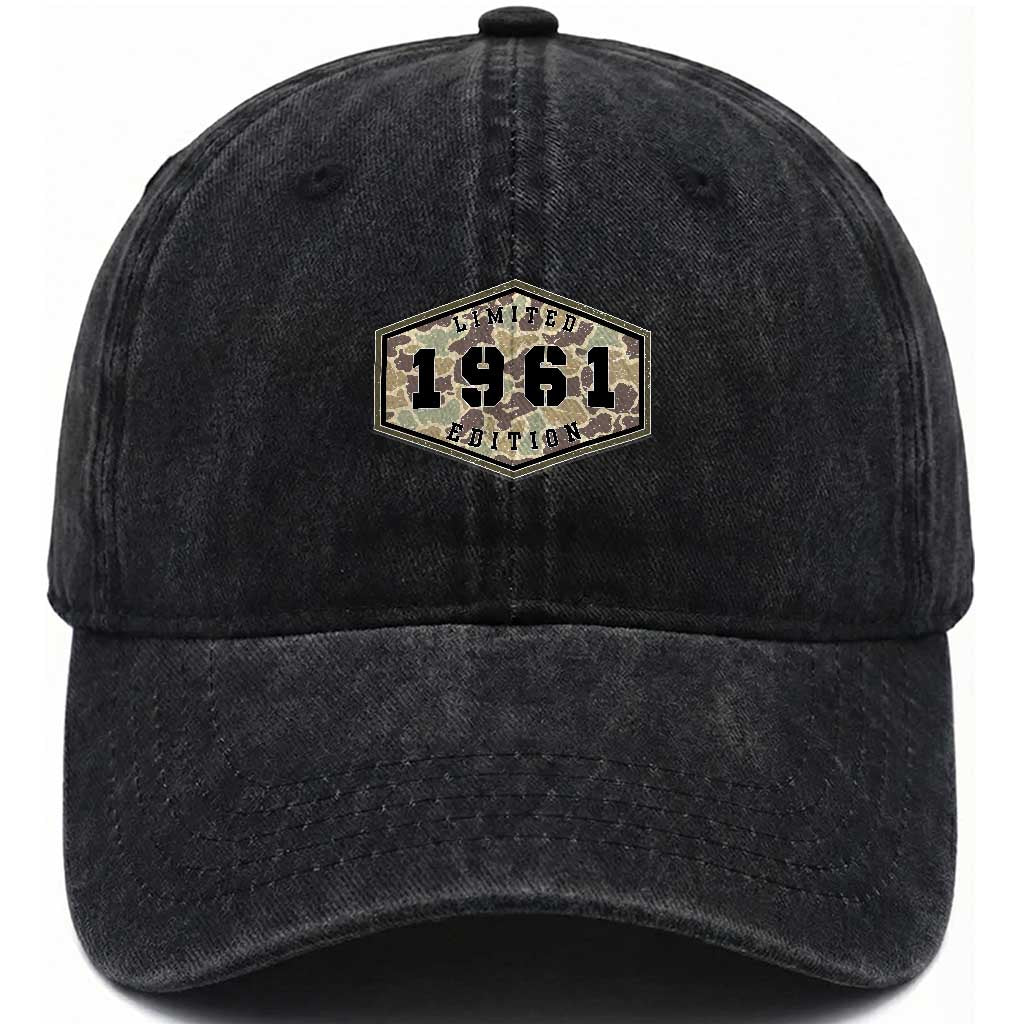 65th Birthday Hunting Washed Cotton Baseball Cap 1961 Limited Edition Vintage Camouflage Gifts For Turning 65