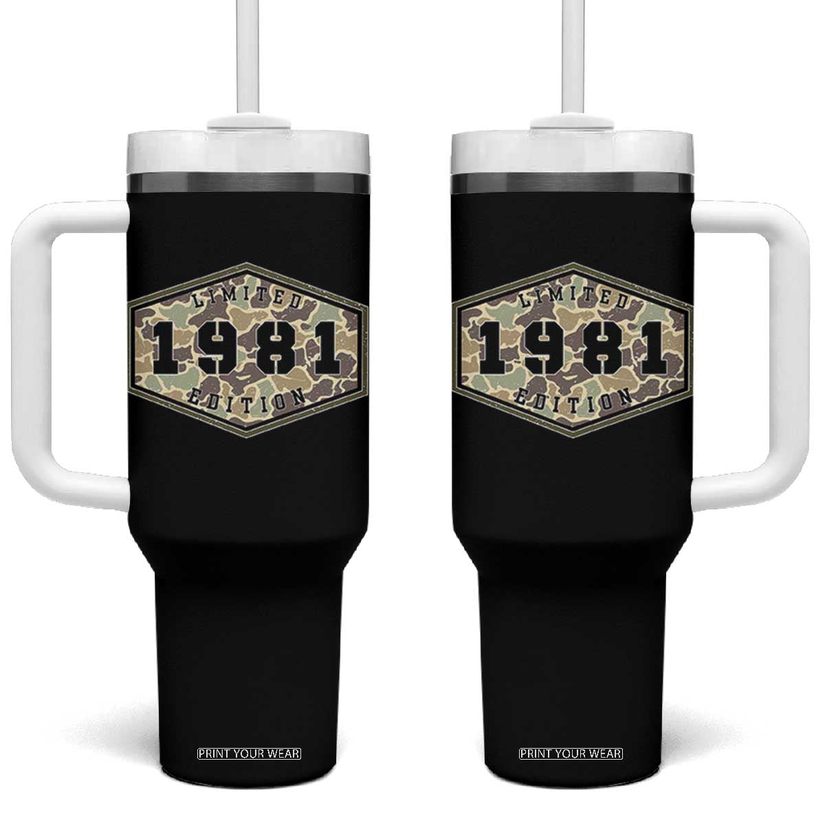 45th Birthday Hunting Tumbler With Handle 1981 Limited Edition Vintage Camouflage Gifts For Turning 45
