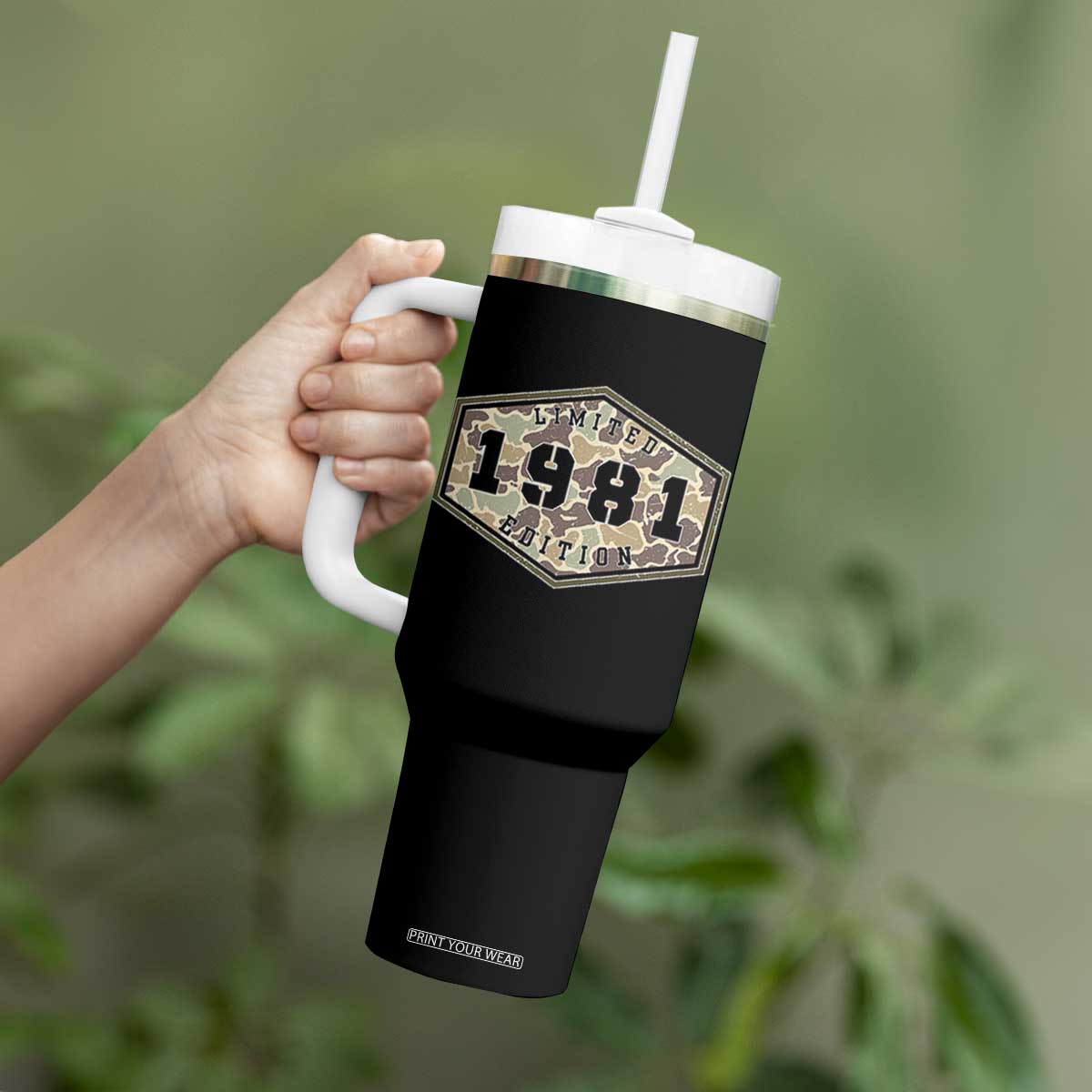 45th Birthday Hunting Tumbler With Handle 1981 Limited Edition Vintage Camouflage Gifts For Turning 45