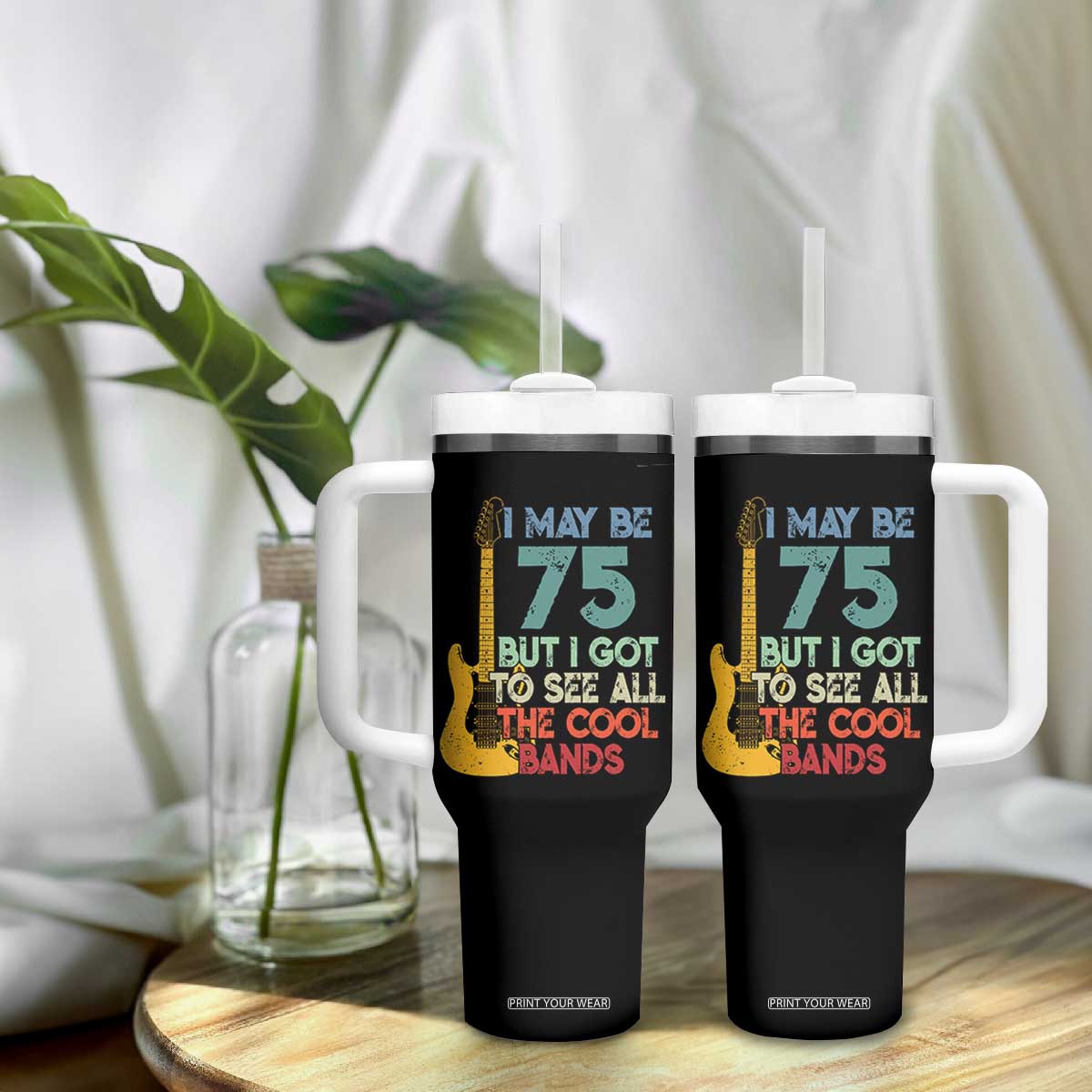 Funny 75th Birthday 80s Rock Lover Tumbler With Handle I May Be 75 But I Got To See All The Cool Bands
