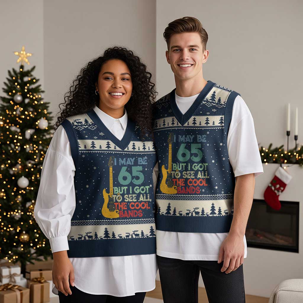 Funny 65th Birthday 80s Rock Lover V-Neck Knit Sweater Vest I May Be 65 But I Got To See All The Cool Bands