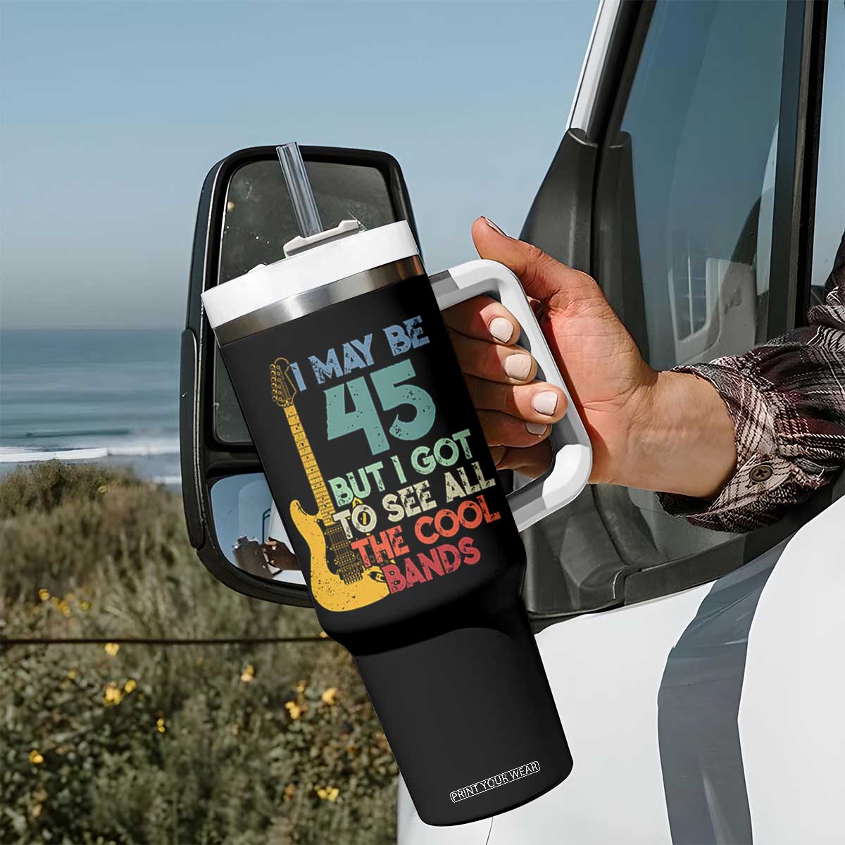 Funny 45th Birthday 80s Rock Lover Tumbler With Handle I May Be 45 But I Got To See All The Cool Bands