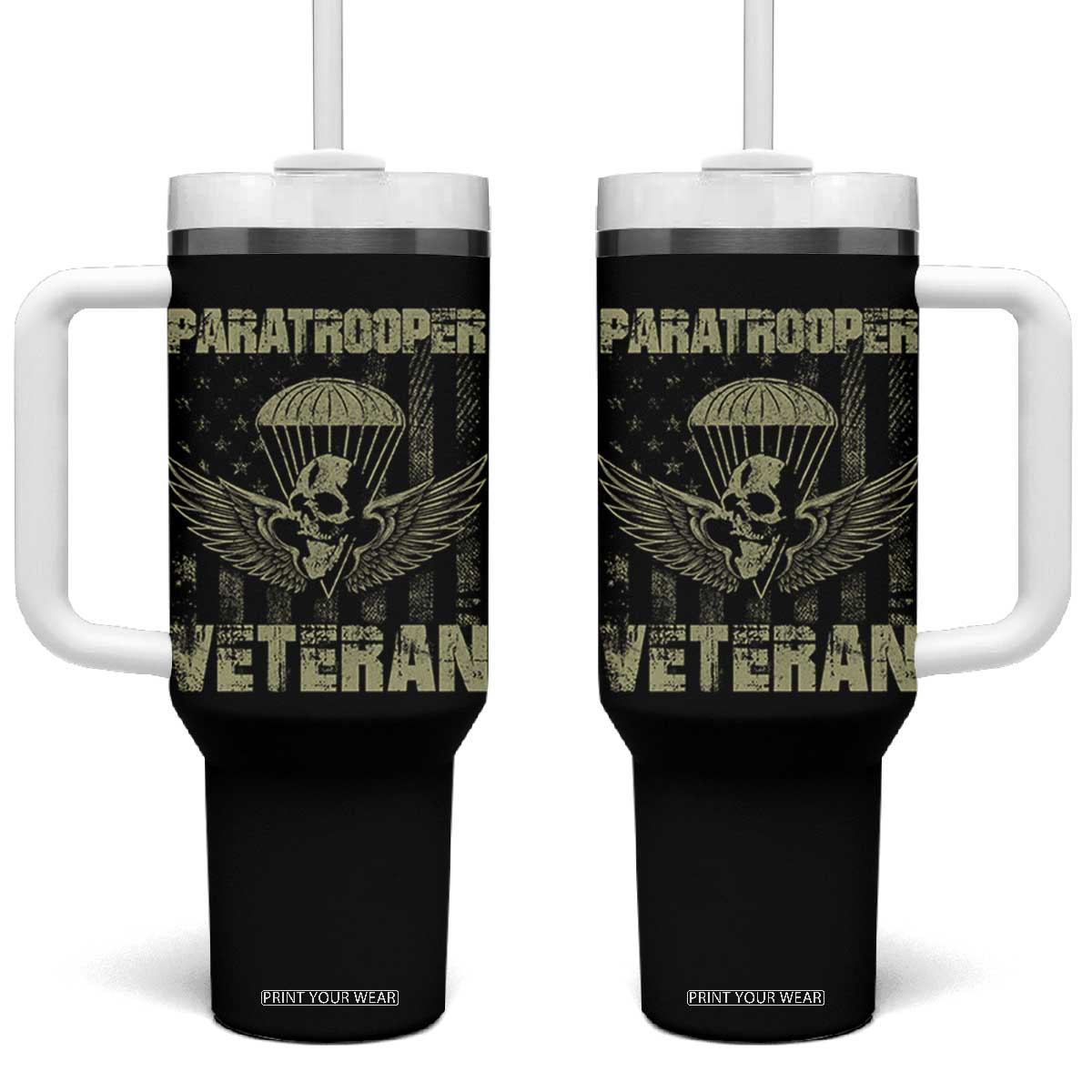 Paratrooper Veteran Tumbler With Handle Airborne Military Vintage American Flag TS11 One Size: 40 oz Black Print Your Wear