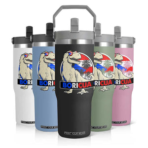 Funny Boricua Dinosaur Dino Puerto Rican Flag Hispanic Heritage Flip Straw Tumbler TS11 Print Your Wear