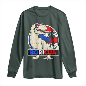 Funny Boricua Dinosaur Dino Puerto Rican Flag Hispanic Heritage Long Sleeve Shirt TS11 Dark Forest Green Print Your Wear