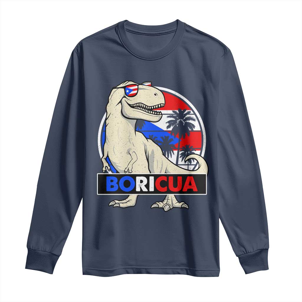 Funny Boricua Dinosaur Dino Puerto Rican Flag Hispanic Heritage Long Sleeve Shirt TS11 Navy Print Your Wear