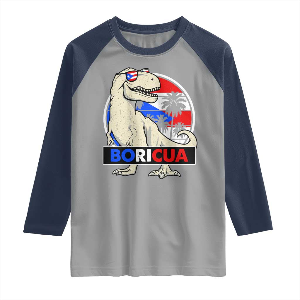 Funny Boricua Dinosaur Dino Puerto Rican Flag Hispanic Heritage Raglan Shirt TS11 Sport Gray Navy Print Your Wear