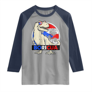 Funny Boricua Dinosaur Dino Puerto Rican Flag Hispanic Heritage Raglan Shirt TS11 Sport Gray Navy Print Your Wear