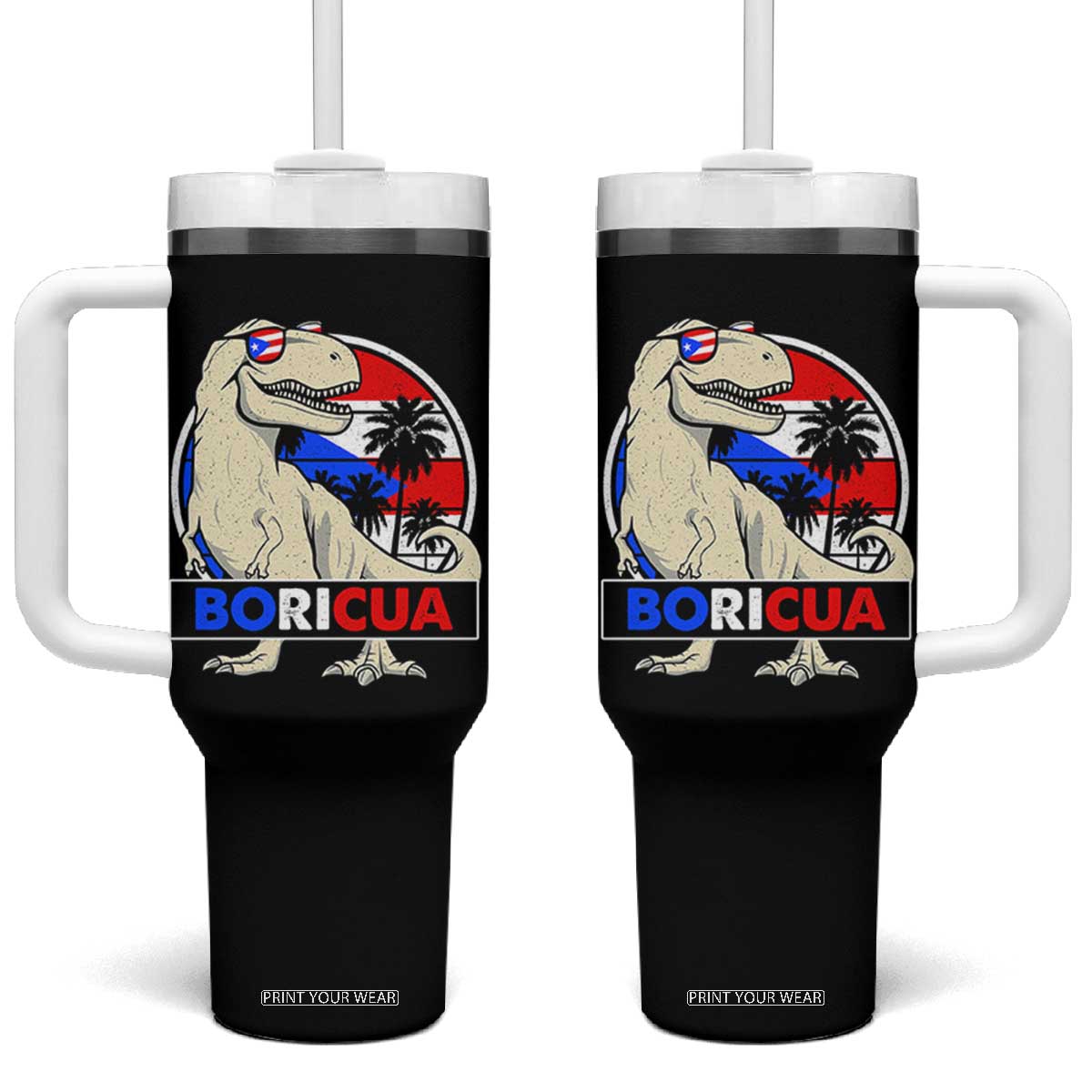 Funny Boricua Dinosaur Dino Puerto Rican Flag Hispanic Heritage Tumbler With Handle TS11 One Size: 40 oz Black Print Your Wear