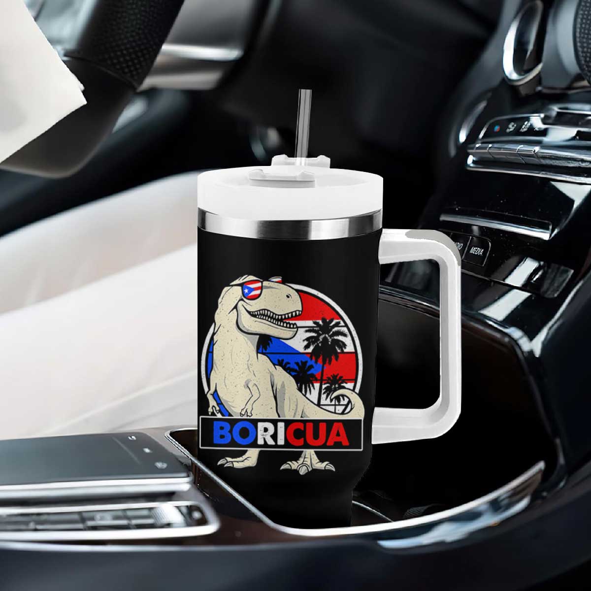 Funny Boricua Dinosaur Dino Puerto Rican Flag Hispanic Heritage Tumbler With Handle TS11 Print Your Wear