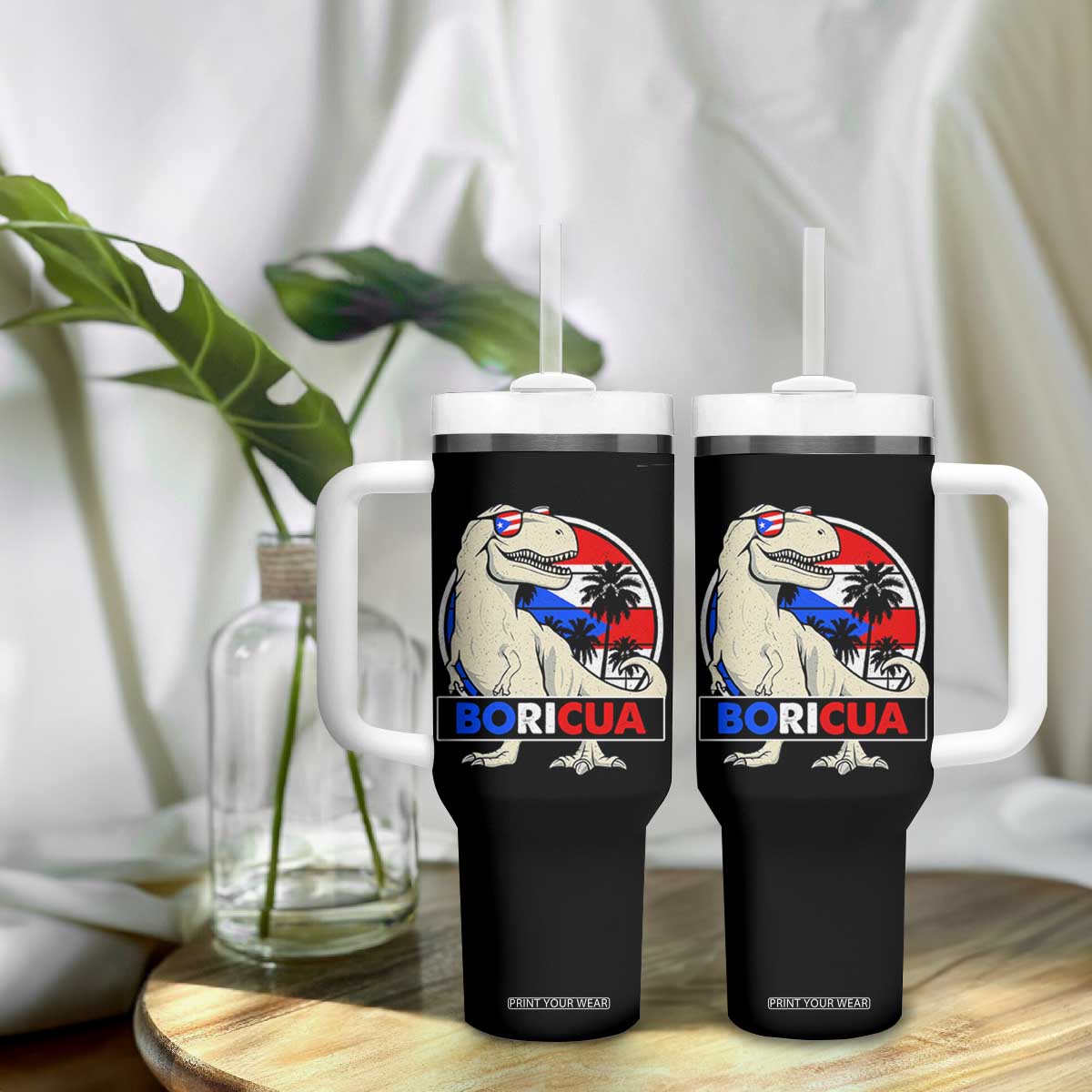 Funny Boricua Dinosaur Dino Puerto Rican Flag Hispanic Heritage Tumbler With Handle TS11 Print Your Wear