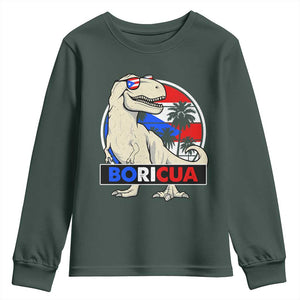 Funny Boricua Dinosaur Dino Puerto Rican Flag Hispanic Heritage Youth Sweatshirt TS11 Dark Forest Green Print Your Wear