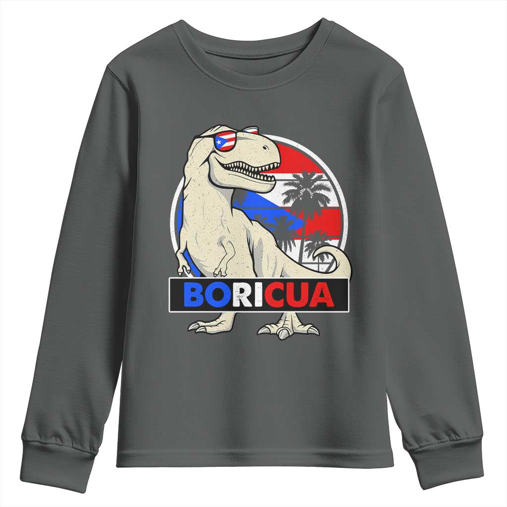 Funny Boricua Dinosaur Dino Puerto Rican Flag Hispanic Heritage Youth Sweatshirt TS11 Dark Heather Print Your Wear