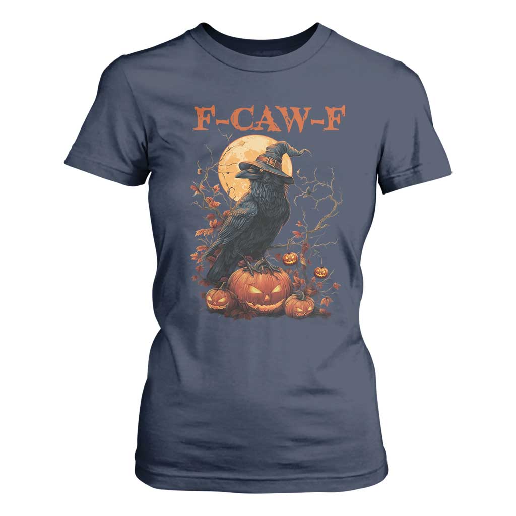 Funny Halloween F Caw F T Shirt For Women Black Crow Moon Gothic Spooky Season TS11 Navy Print Your Wear