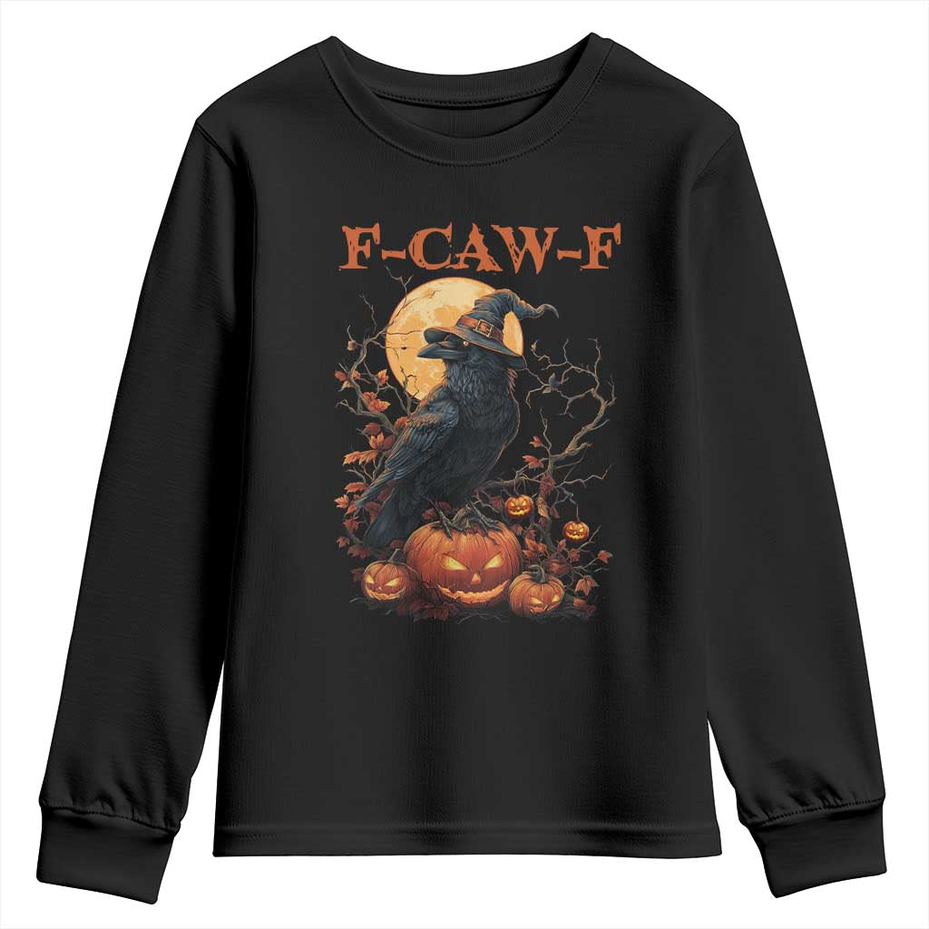 Funny Halloween F Caw F Youth Sweatshirt Black Crow Moon Gothic Spooky Season TS11 Black Print Your Wear