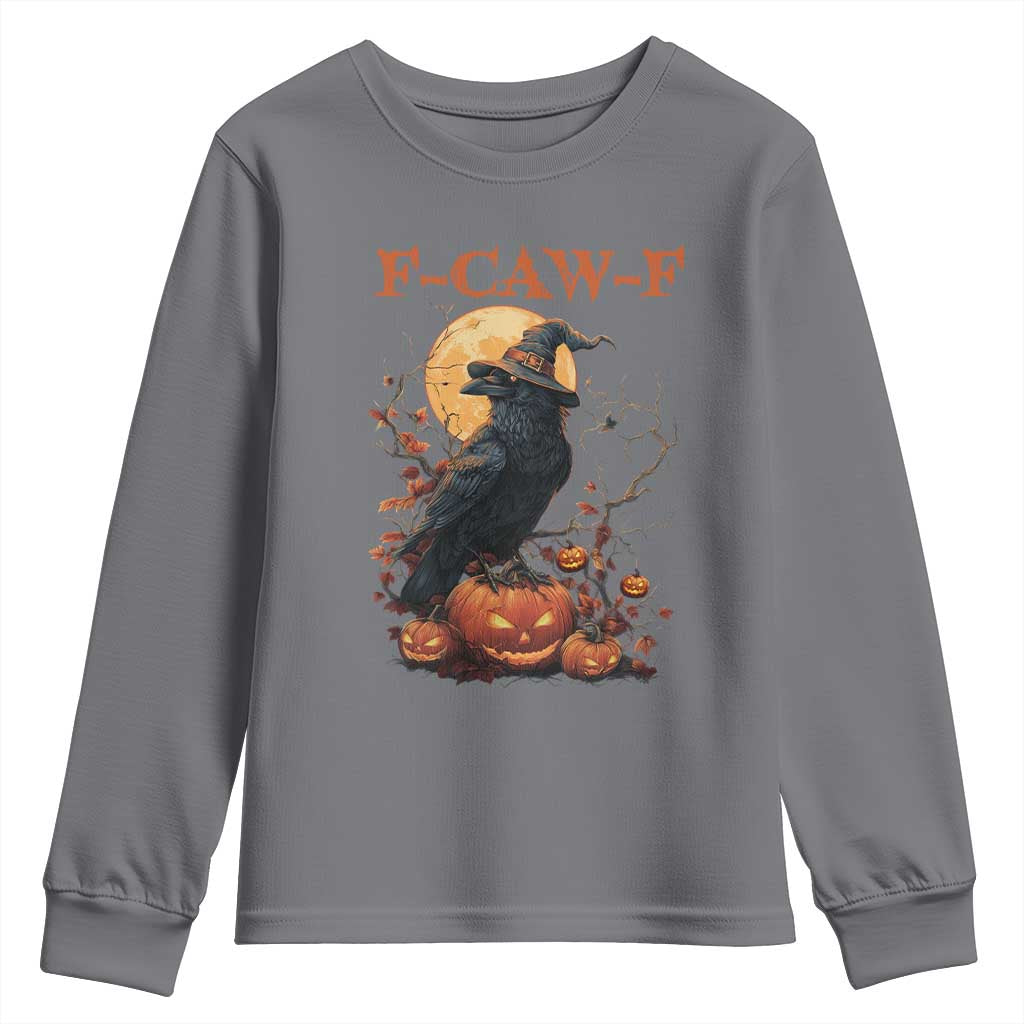 Funny Halloween F Caw F Youth Sweatshirt Black Crow Moon Gothic Spooky Season TS11 Charcoal Print Your Wear