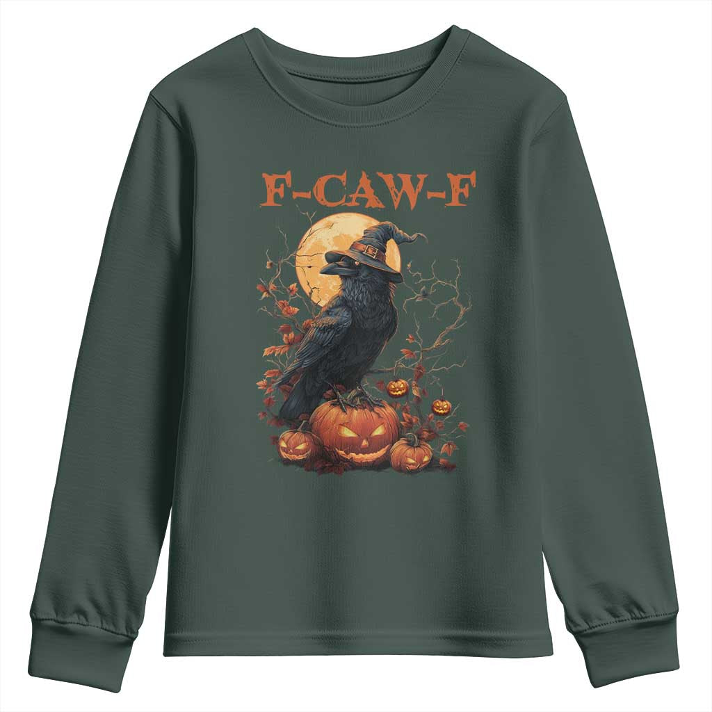 Funny Halloween F Caw F Youth Sweatshirt Black Crow Moon Gothic Spooky Season TS11 Dark Forest Green Print Your Wear
