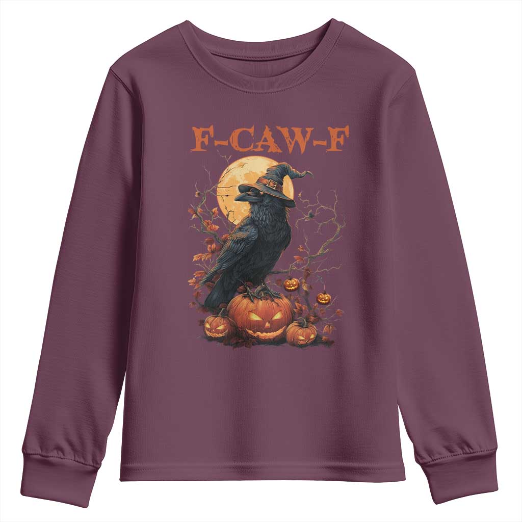 Funny Halloween F Caw F Youth Sweatshirt Black Crow Moon Gothic Spooky Season TS11 Maroon Print Your Wear