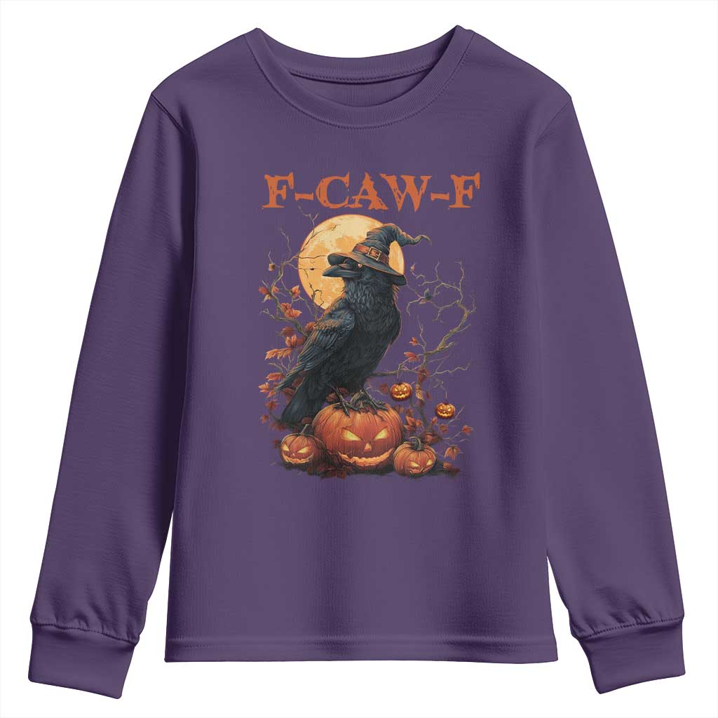 Funny Halloween F Caw F Youth Sweatshirt Black Crow Moon Gothic Spooky Season TS11 Purple Print Your Wear