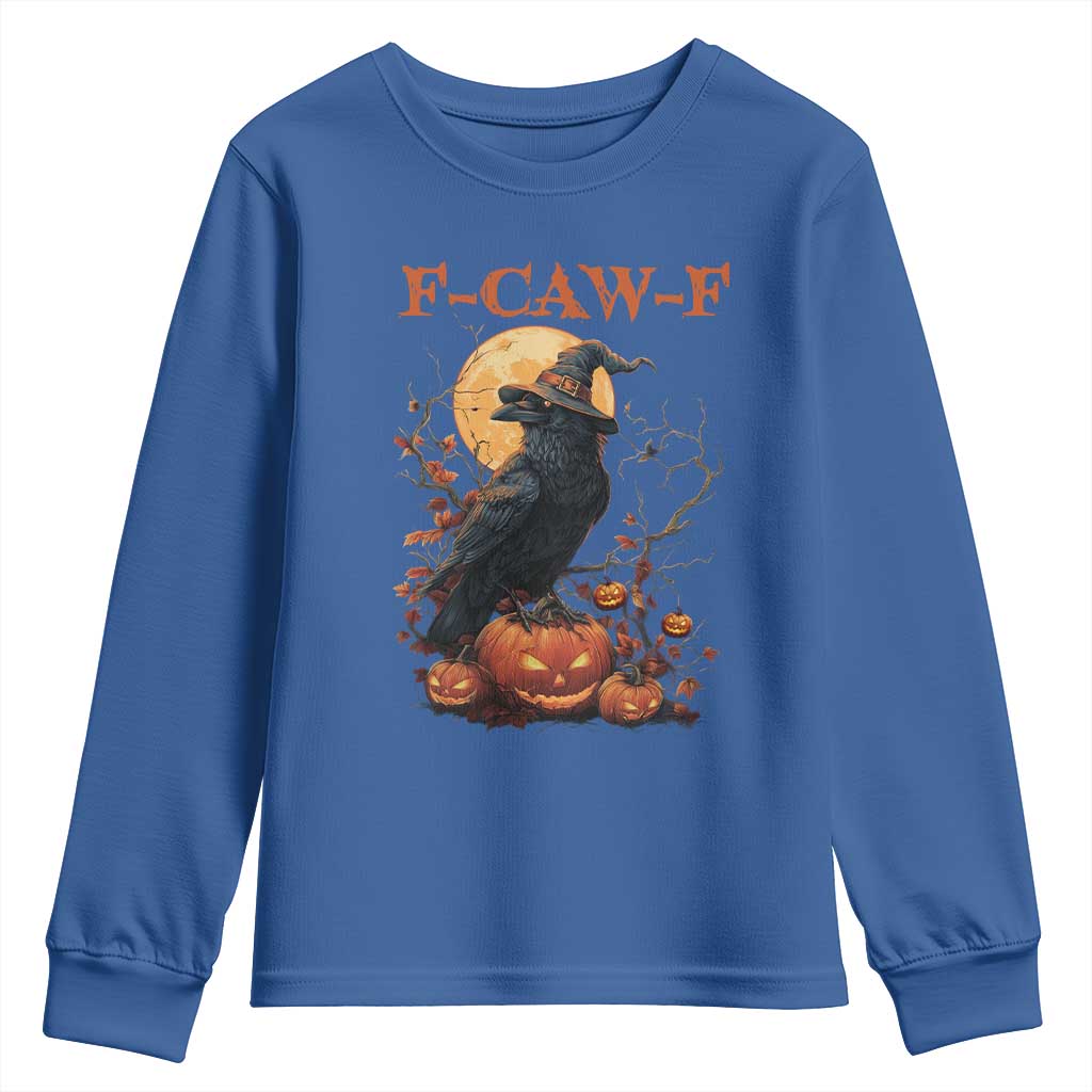 Funny Halloween F Caw F Youth Sweatshirt Black Crow Moon Gothic Spooky Season TS11 Royal Blue Print Your Wear