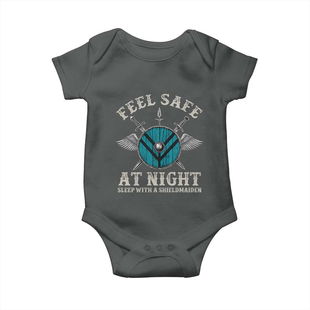 Funny Feel Safe At Night Sleep With A Shieldmaiden Baby Onesie Viking Pride TS11 Dark Heather Print Your Wear