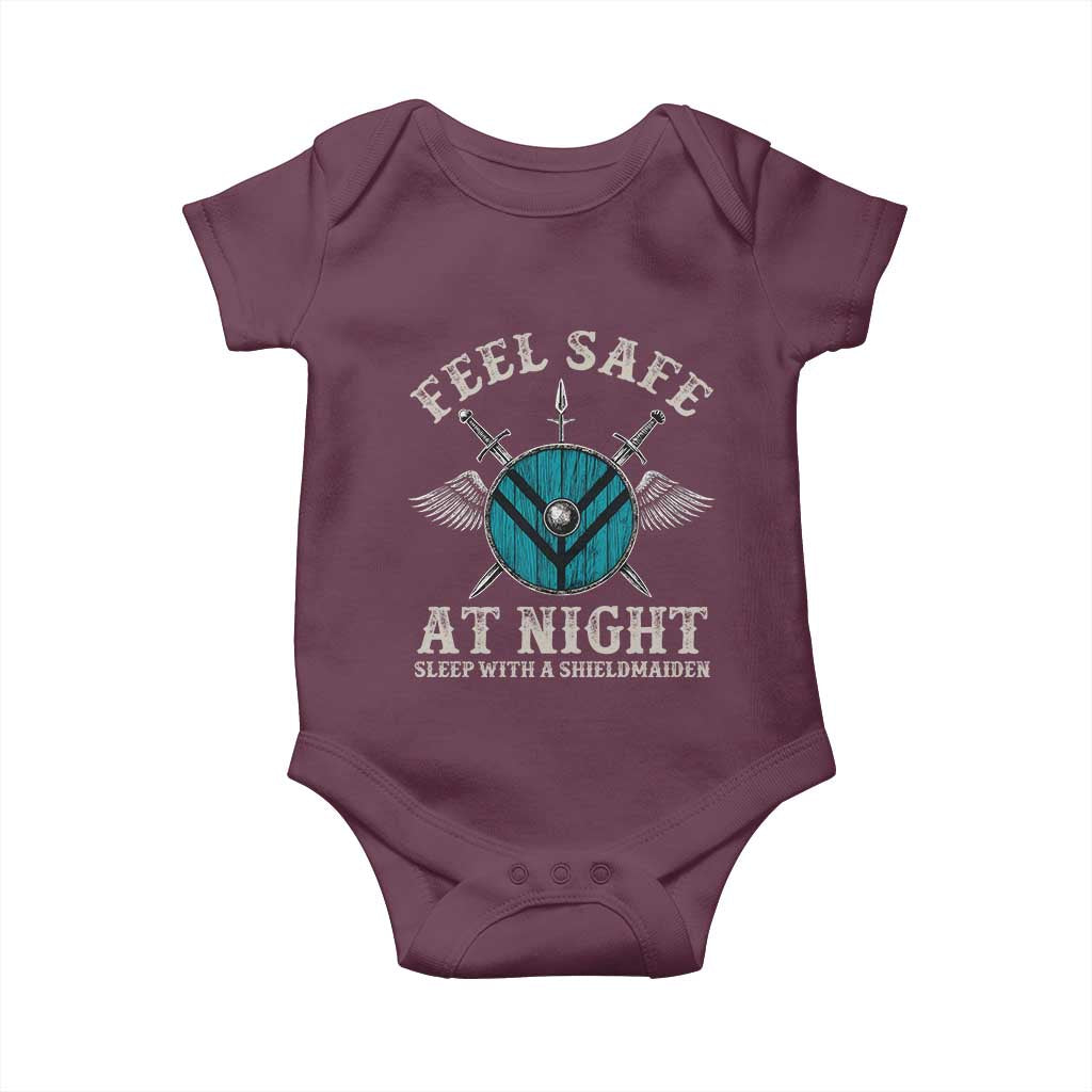 Funny Feel Safe At Night Sleep With A Shieldmaiden Baby Onesie Viking Pride TS11 Maroon Print Your Wear