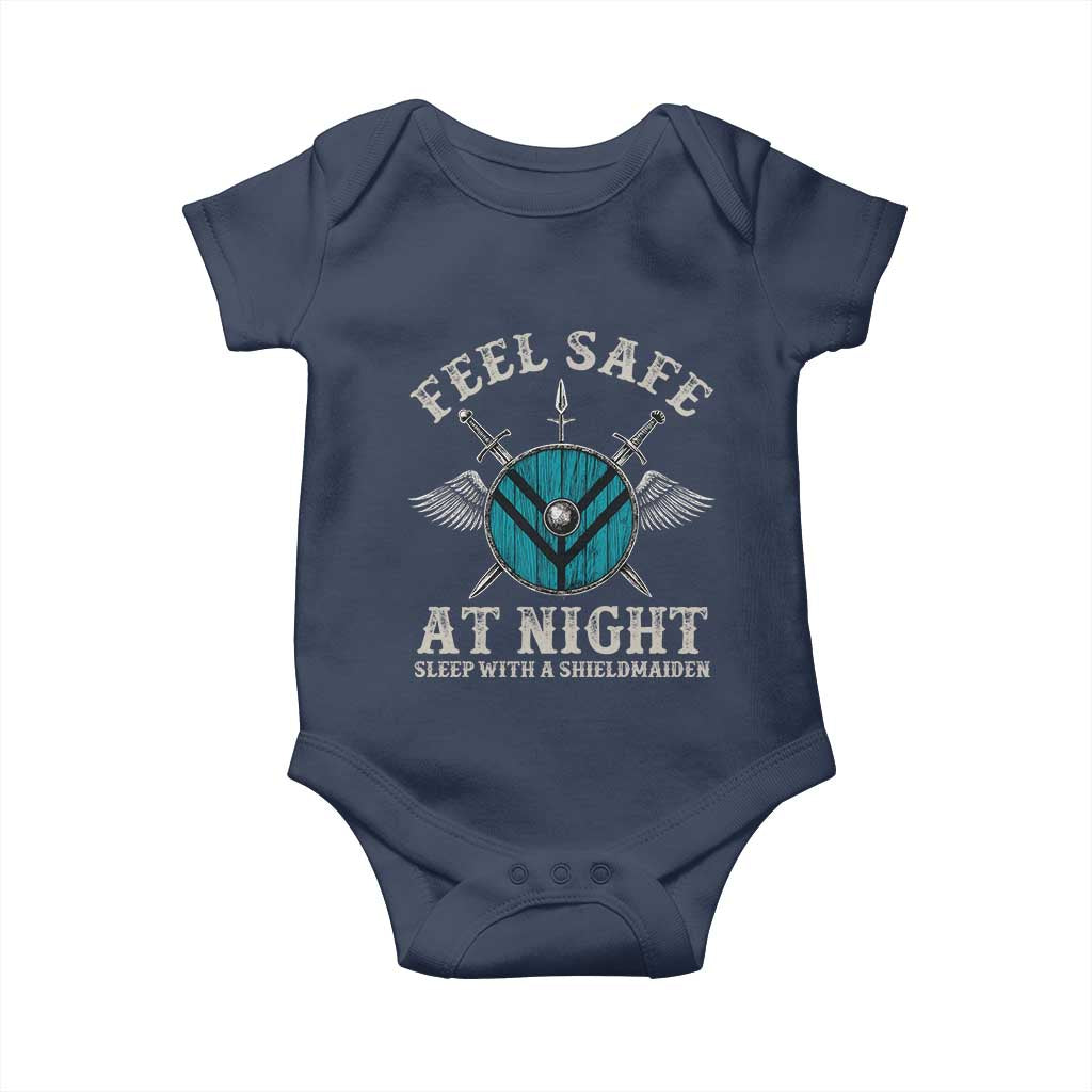 Funny Feel Safe At Night Sleep With A Shieldmaiden Baby Onesie Viking Pride TS11 Navy Print Your Wear