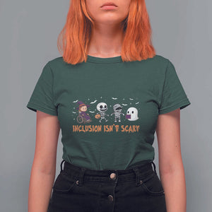 Halloween Teacher T Shirt For Women Inclusion Isn't Scary Cute Skeleton Ghost Witch TS11 Dark Forest Green Print Your Wear