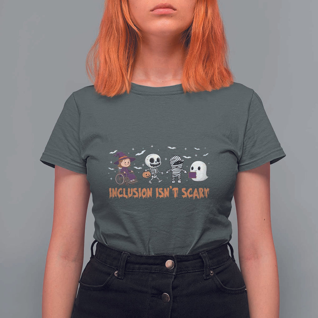 Halloween Teacher T Shirt For Women Inclusion Isn't Scary Cute Skeleton Ghost Witch TS11 Dark Heather Print Your Wear
